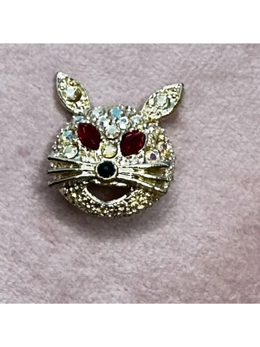 Vintage Aurora Borealis Crystal Rabbit Brooch Pin Red Rhinestone Eyes Gold-Tone